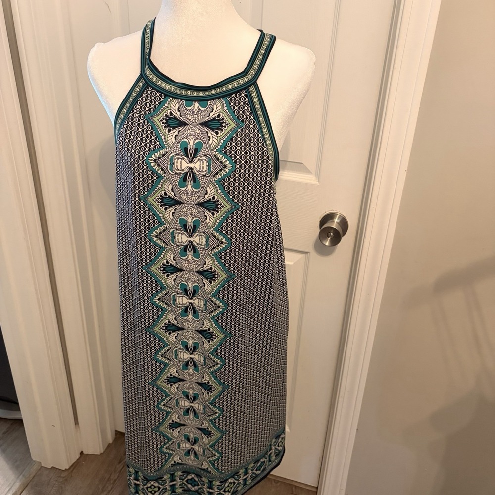 Max Studio‎ Geometric Halter Neck Shift Dress XL Teal Navy Resort Wear Beach EUC